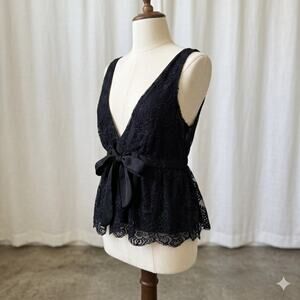 Free People Black Lace Bow Peplum Top Large Coquette Gothic Fairycore Romantic